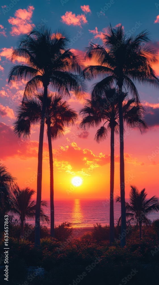 Obraz premium View of a sunset with palm trees and the ocean travel concept