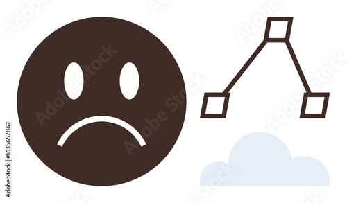 Brown sad face, geometrical triangle structure, and light blue cloud evoke emotions, communication, challenge. Ideal for sadness, connectivity, failure, reflection abstract design emotion simple