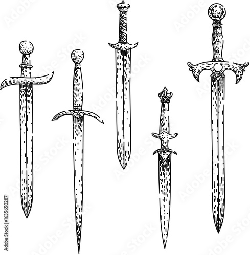 sword medieval set sketch hand drawn vector