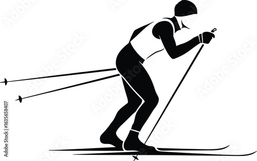 Silhouette of skier in motion, leaning forward, bent knees, ski poles, winter sport, hat, gloves, dynamic posture, black illustration