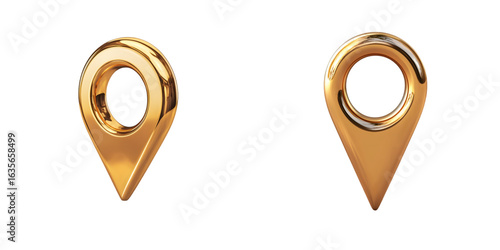 Golden 3D Location Pin Icon with hole in center featuring shiny metallic finish isolated on transparent background