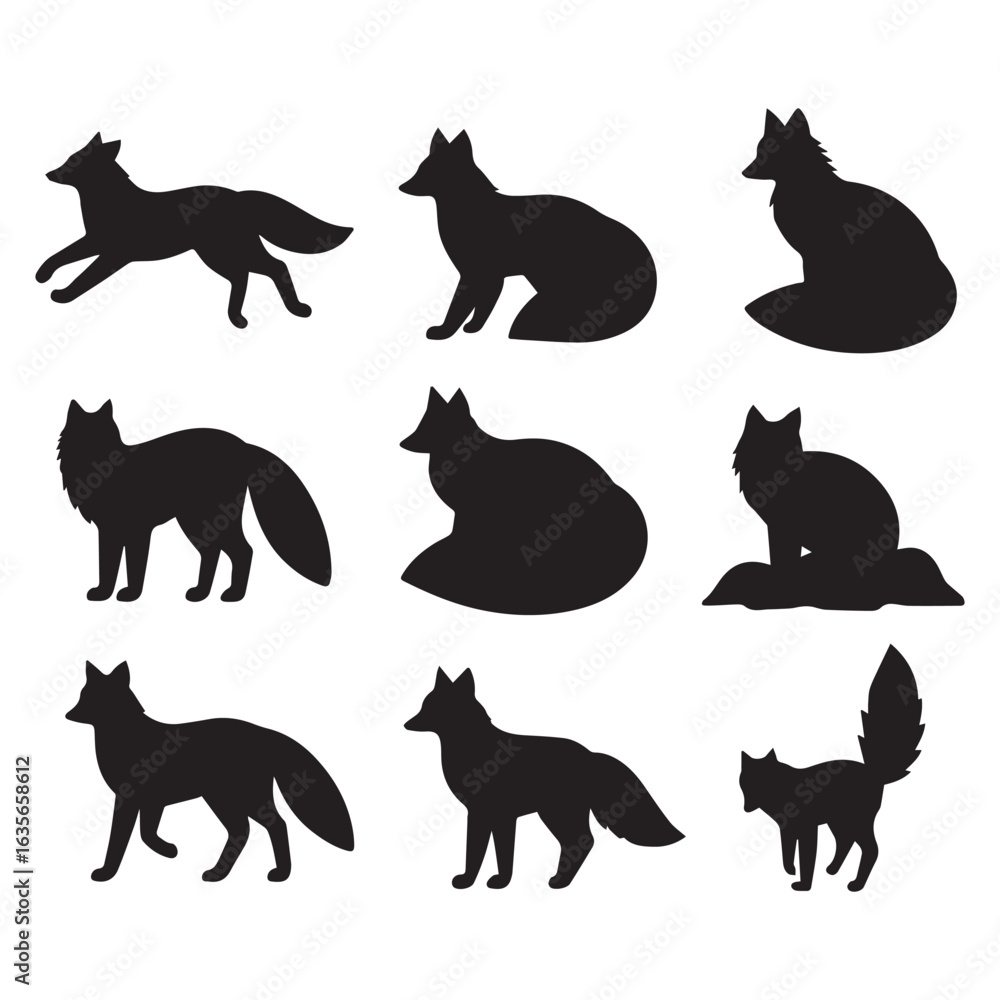 Fototapeta premium A series of nine elegant black and white silhouette illustrations of foxes.