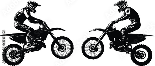 Silhouettes of motocross riders facing each other, dirt bikes, helmets, protective gear, knobby tires, off-road sport, black illustration, action pose