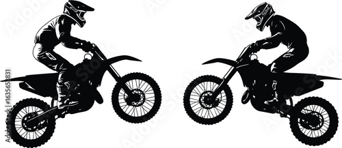 Silhouettes of motocross riders jumping, dirt bikes mid-air, helmets, protective gear, extreme sport, motion, thrill, black illustration, action pose