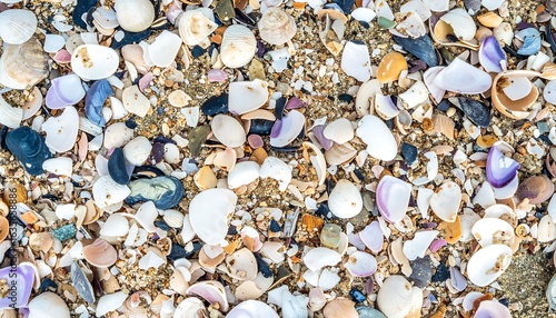 Seashells and sand on a beach