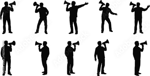 Silhouettes of person with megaphone, speaking poses, shouting gesture, communication concept, protest action, public speech, dynamic stance, announcement