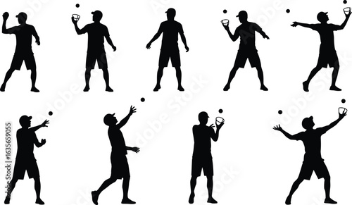 Silhouettes of person juggling ball, dynamic poses, juggling techniques, sports movement, coordination skill, cap and shorts, athletic action, training