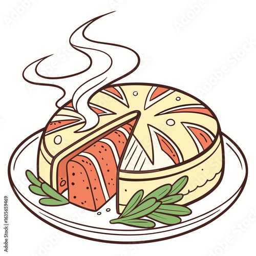 A Delicious English Pie with Slice Cut: A warm, appetizing English pie, artfully cut to reveal its inviting interior, accompanied by fresh herbs.