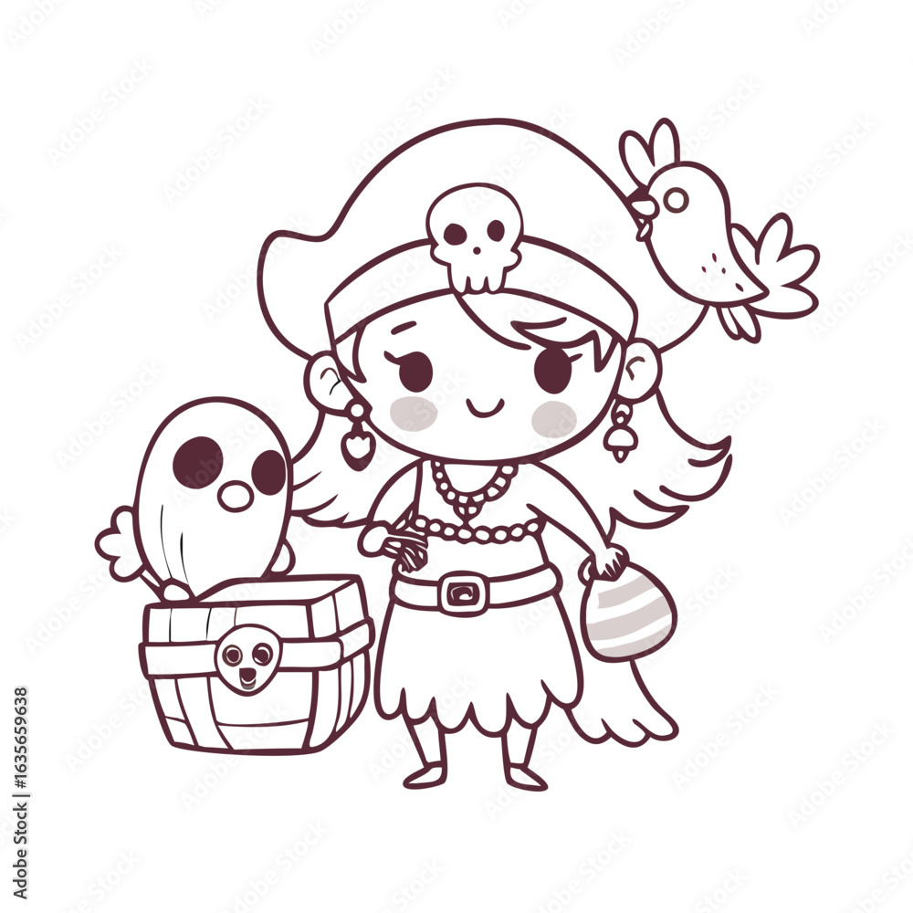 Fototapeta premium Cute cartoon pirate girl with treasure chest isolated on white background