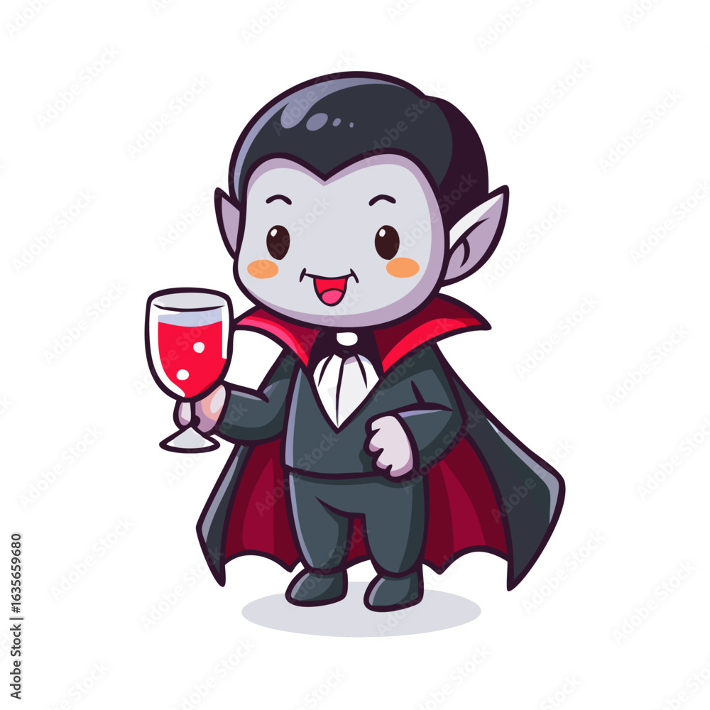 Cute cartoon vampire holding a glass of wine isolated on white background Cute cartoon vampire holding a glass of wine isolated on white background