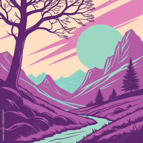 Serene Mountain Vista: A vibrant landscape painting captures the essence of a mountain range with stylized forms, inviting viewers to embrace tranquility and contemplate the grandeur of nature. 