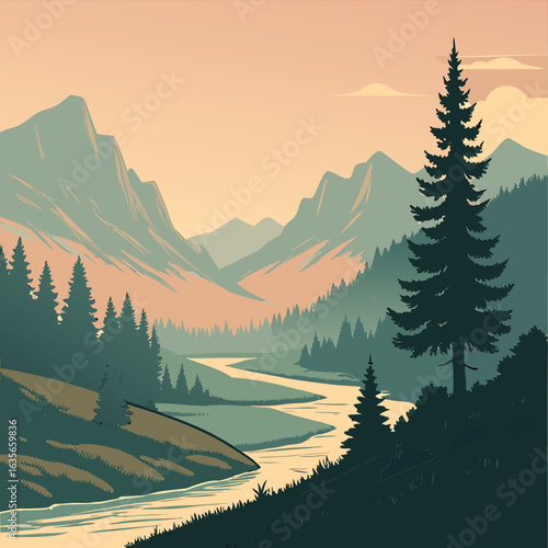 Scenic Mountain Landscape: a panoramic view of a serene mountain landscape with a flowing river, capturing a sense of peace and tranquility.