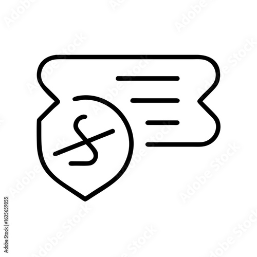 Outline icon of a shield with a currency symbol and document with horizontal lines in black and white design