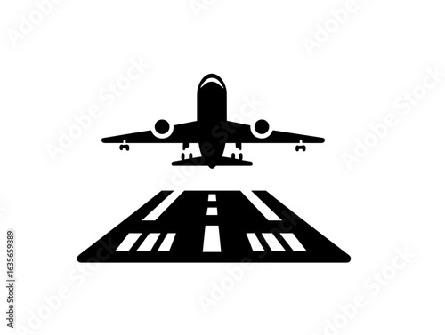 A black silhouette icon of an airplane taking off from a runway. This symbol typically represents air travel, airports, departures, or aviation services. It shows an aircraft ascending above a clearly