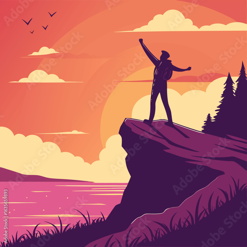 Skyward Vista: Silhouetted against a radiant dawn, a lone figure stands triumphant atop a majestic cliff, the vista stretching out before them evokes adventure and limitless possibilities.