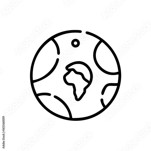 Outline drawing of a world globe showing africa with a satellite orbiting above the earth in black and white
