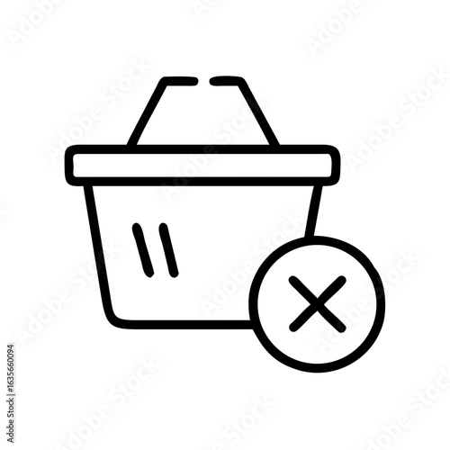 Outline of a shopping basket with a large circle containing an x symbol indicating removal or cancellation icon