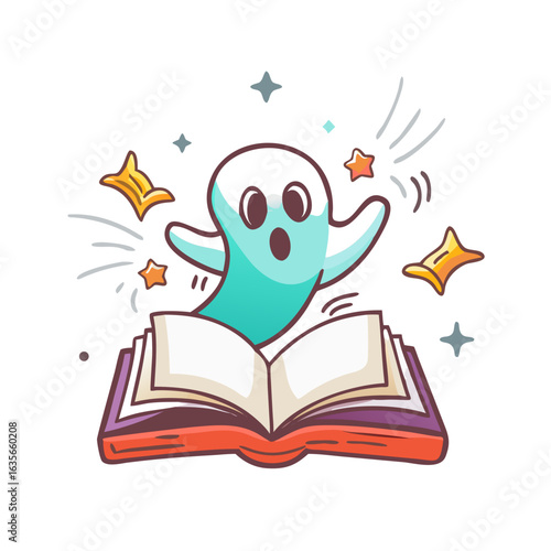 Spooky ghost emerging from a book isolated on white background