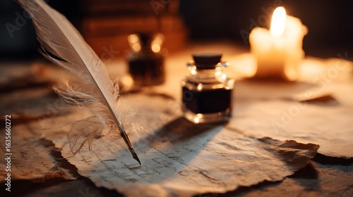 Vintage desk setup with a feather quill and inkwell on aged parchment.