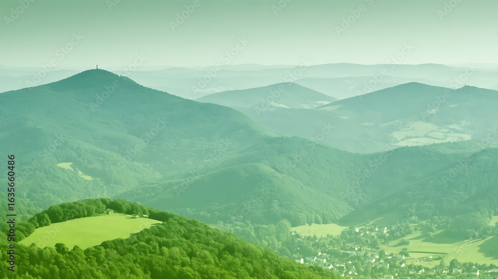 Naklejka premium Hazy green mountains and valley view