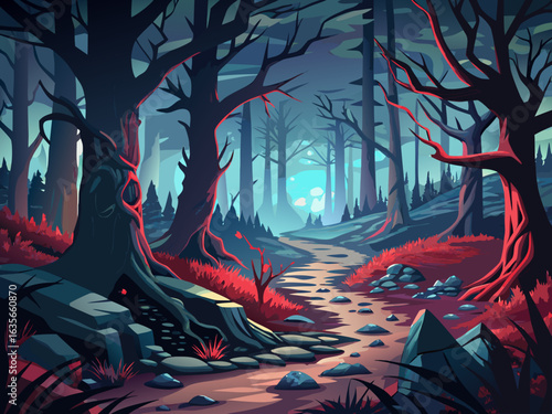 vector of A desolate and dark forest where there is so much fear, you can't even walk a single step.