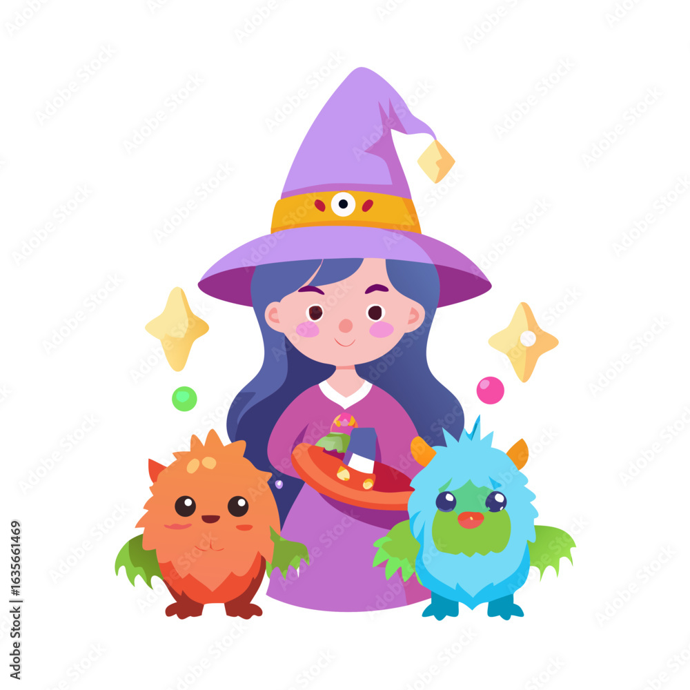 Naklejka premium A cute witch with her pets isolated on white background is holding a toy