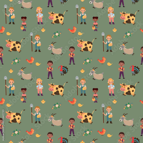 Seamless Pattern of Farm Animals and Farmers