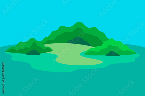 Stylized green islands in turquoise water under clear blue sky