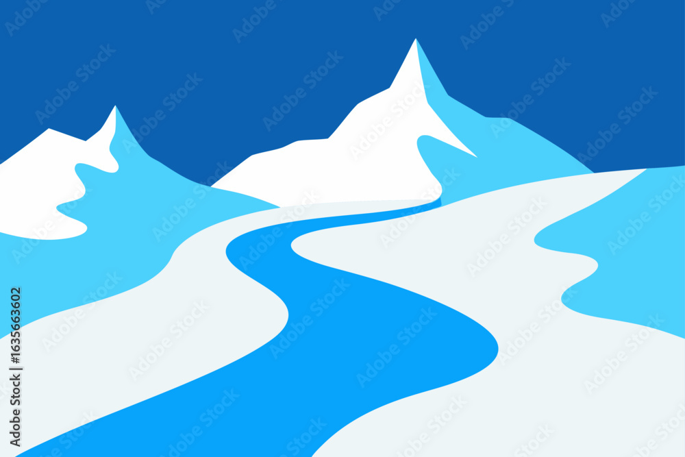 Fototapeta premium Stylized winter mountain landscape with winding river