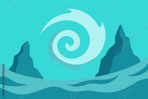 Stylized ocean landscape with swirling water and jagged rocks