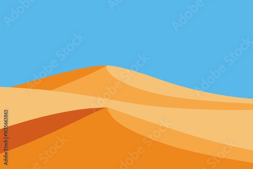 Stylized desert landscape with rolling sand dunes under a clear blue sky