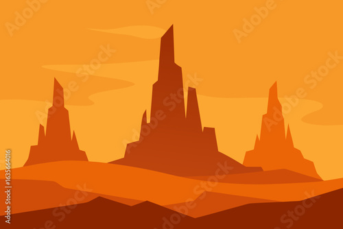 Stylized desert landscape with jagged rock formations and rolling hills under an orange sky