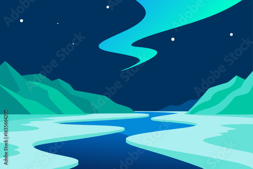 Stylized arctic landscape with aurora borealis over icy river and mountains