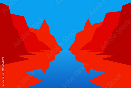 Abstract geometric landscape with red cliffs and blue water reflection