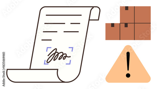 Signed document with signature, warning sign, and stacked boxes. Ideal for contract, shipment, logistics, risk, compliance supply chain and documentation concepts. Simple flat metaphor