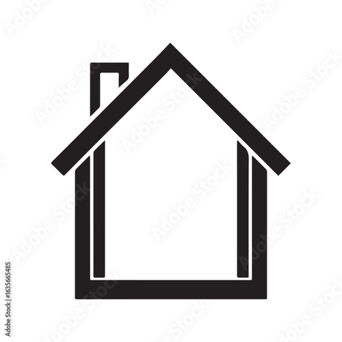 House outline icon vector. Simple black line art drawing of a home with a chimney. Building silhouette, real estate symbol, property template isolated on white background.
