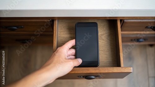 Digital Detox Trend A hand placing a smartphone into an empty wooden drawer.