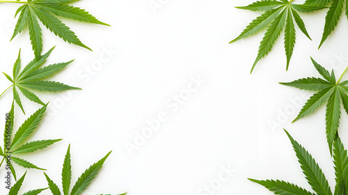 Fresh green cannabis leaves arranged as a decorative frame on a clean white background.