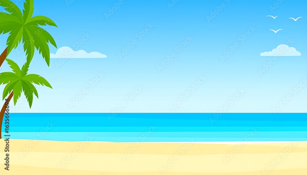 Obraz premium Beach scene with palm trees and a vibrant blue ocean.