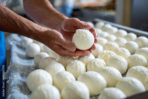 Hands holding fresh mozzarella cheese balls in a dairy production facility