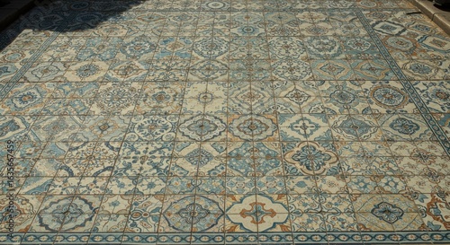 Intricate Blue and Beige Portuguese Tile Floor Pattern: Elegant Design for Interior or Exterior Spaces