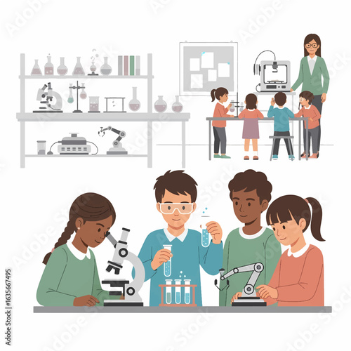 Diverse children in a modern science class learning with a microscope, robot arm, and 3D printer. Vector illustration of students in a school laboratory.