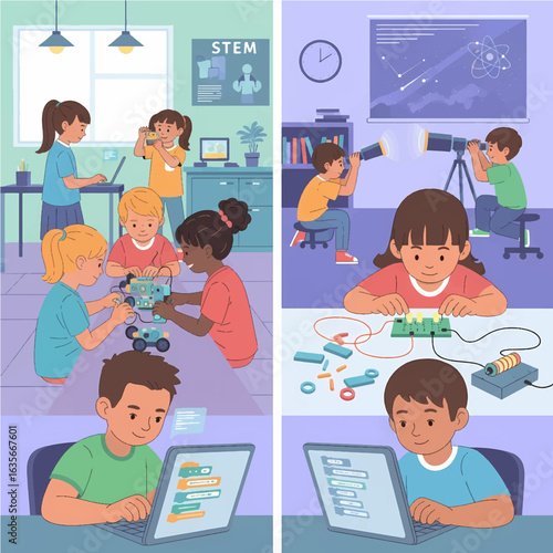 Diverse children learning in a STEM education program. Kids coding on laptops, building robots, and studying astronomy with telescopes.