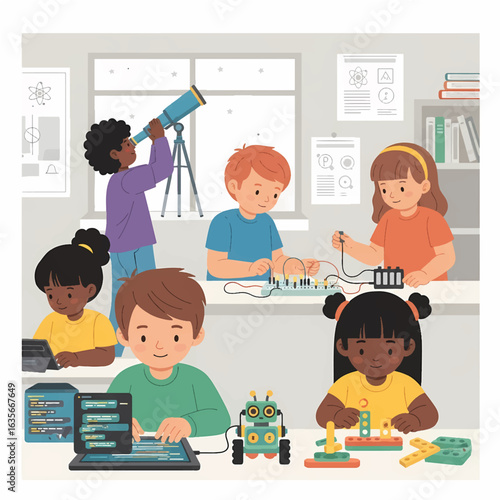 Group of diverse children in a classroom engaged in STEM learning activities like coding, robotics, and electronics.