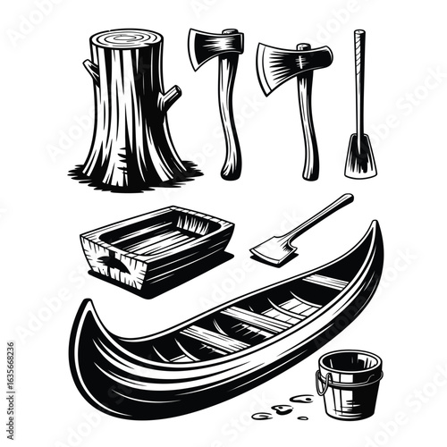Amazonian dugout canoe tools with tree trunk block, axe, carving chisel, hollowing fire tray, and water bucket black and white vector