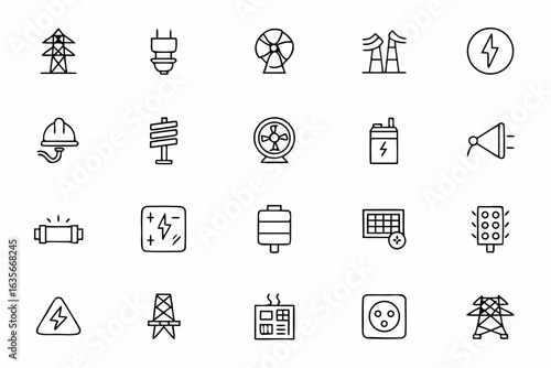 A powerful icon set highlighting the core concepts of electricity generation, distribution, and usage — ideal for power grid companies, educational platforms, smart grid apps, and electrical engineeri