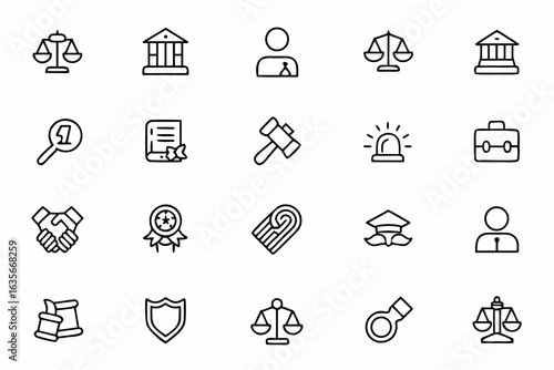 A precise and elegant collection of law-themed vector icons — perfect for law firm branding, courtroom illustrations, legal documents, and civic education platforms
