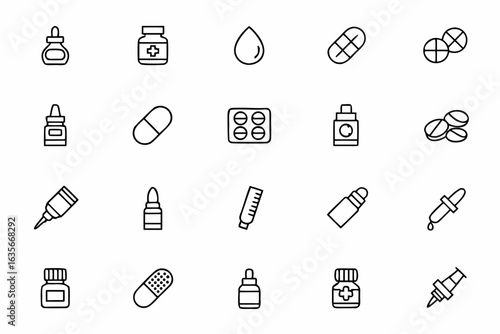 A product-focused icon collection depicting various dosage forms and pharmaceutical containers — suitable for packaging design, pharmacy POS, and healthcare branding