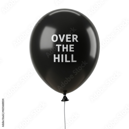 Perfectly spherical matte black helium balloon with 'Over the Hill' in white sans-serif font and thin silver string, against a pristine transparent studio background, shadowless commercial novelty