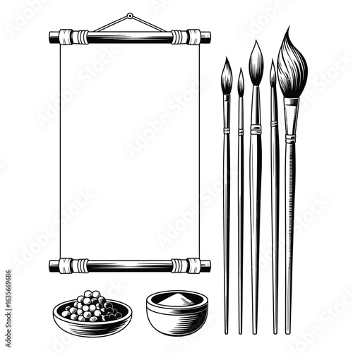 Bhutanese thangka painting tools with canvas sheet, mineral pigments, brush set, sketch grid, and wood rods black and white vector